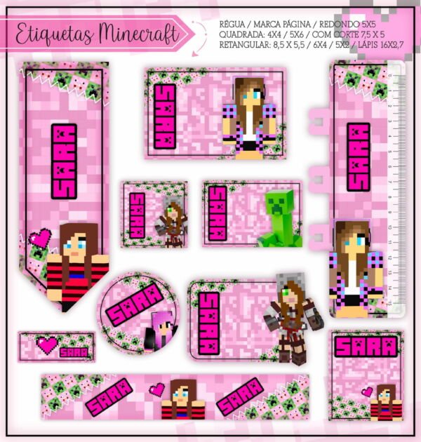 Arquivo Etiqueta Escolar Minecraft Rosa