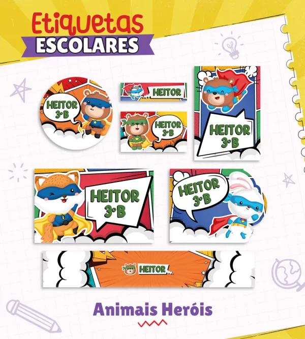 Etiqueta Escolar Animais Heróis