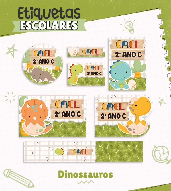 Etiqueta Escolar Digital Dinossauros Cute