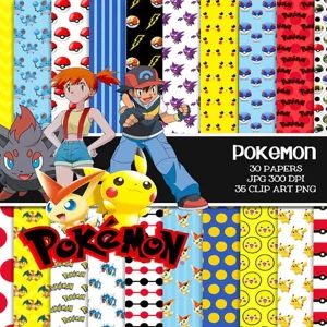 Papel Digital Scrapbook Pokemon Jpg e Png