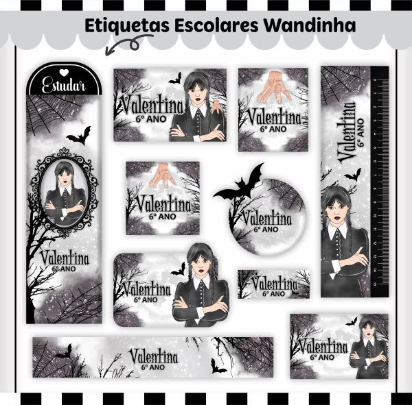 Etiqueta Escolar Wandinha Studio, Cdr, Png e Pdf